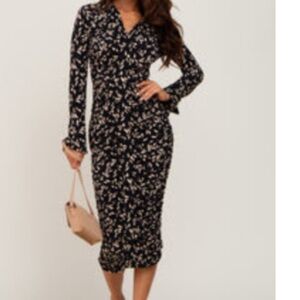 Black and Cream Printed Long Sleeve Ruched Dress Maternity/Postpartum Friendly